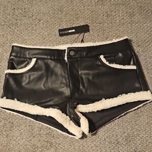 Fashion Nova Black Faux Leather Shorts with Cream Sherpa Trim